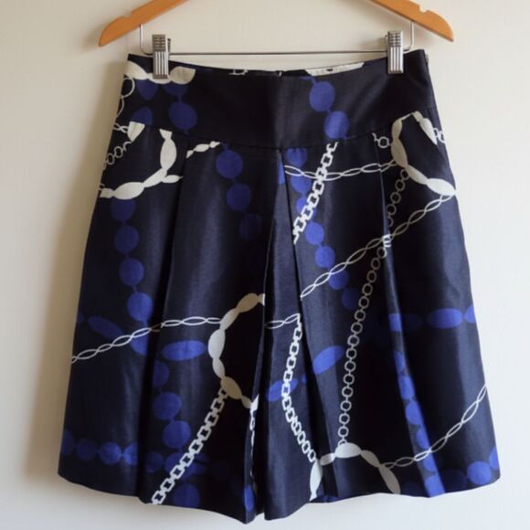 Talbots Collection Silk Linen Skirt Blue White Nautical Preppy Chain Print 8 - Picture 1 of 9